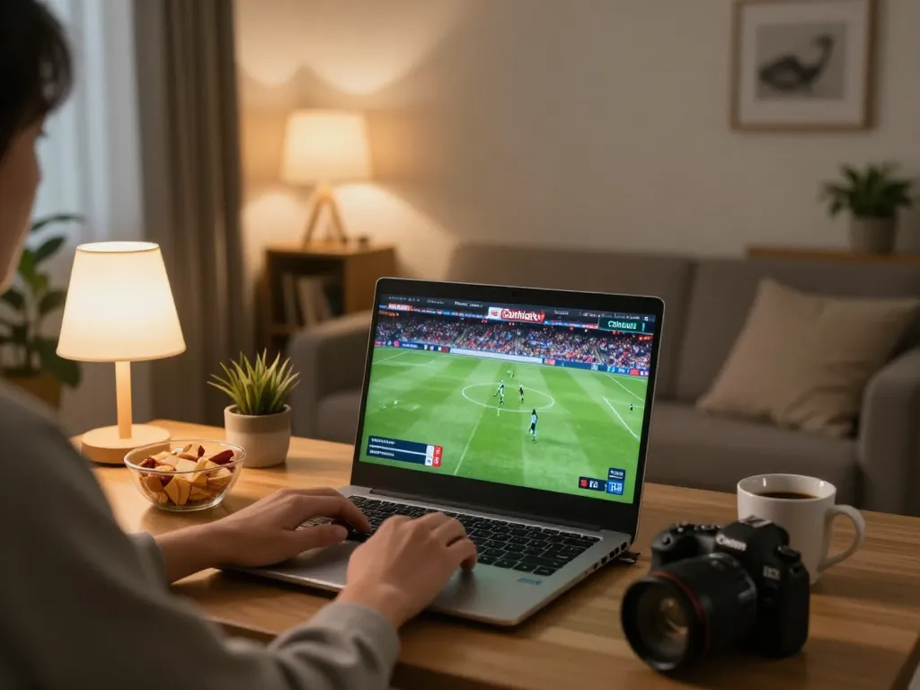 Enjoying a football stream Cakhiatv on a laptop in a cozy living room setup with snacks.