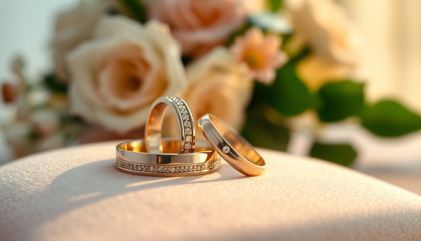 Beautiful wedding bands display highlighting intricate designs and shiny textures, ideal for romantic settings.