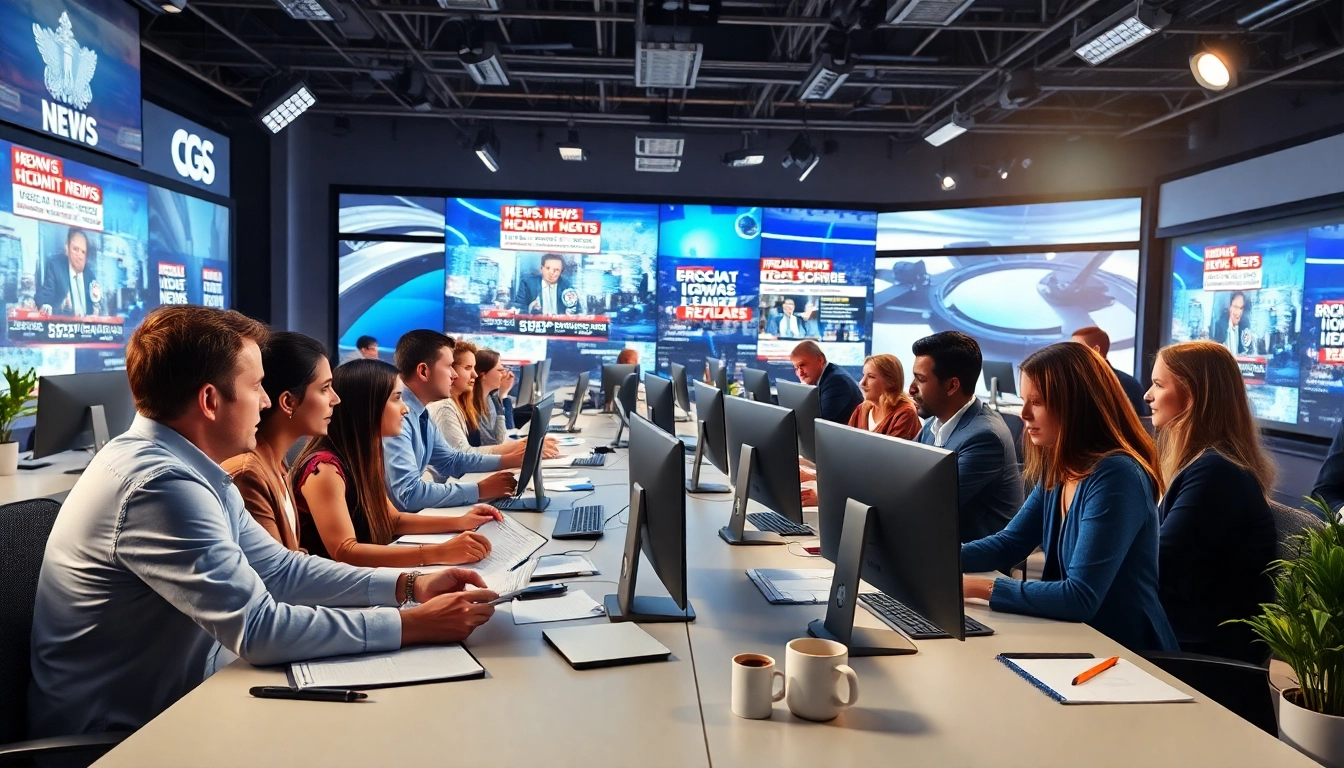Journalists collaboratively reporting news from a modern newsroom environment.