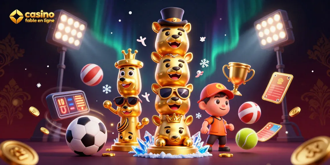 Plongez dans l'univers du casino fiable en ligne avec un totem en or entouré d'éléments sportifs dynamiques.