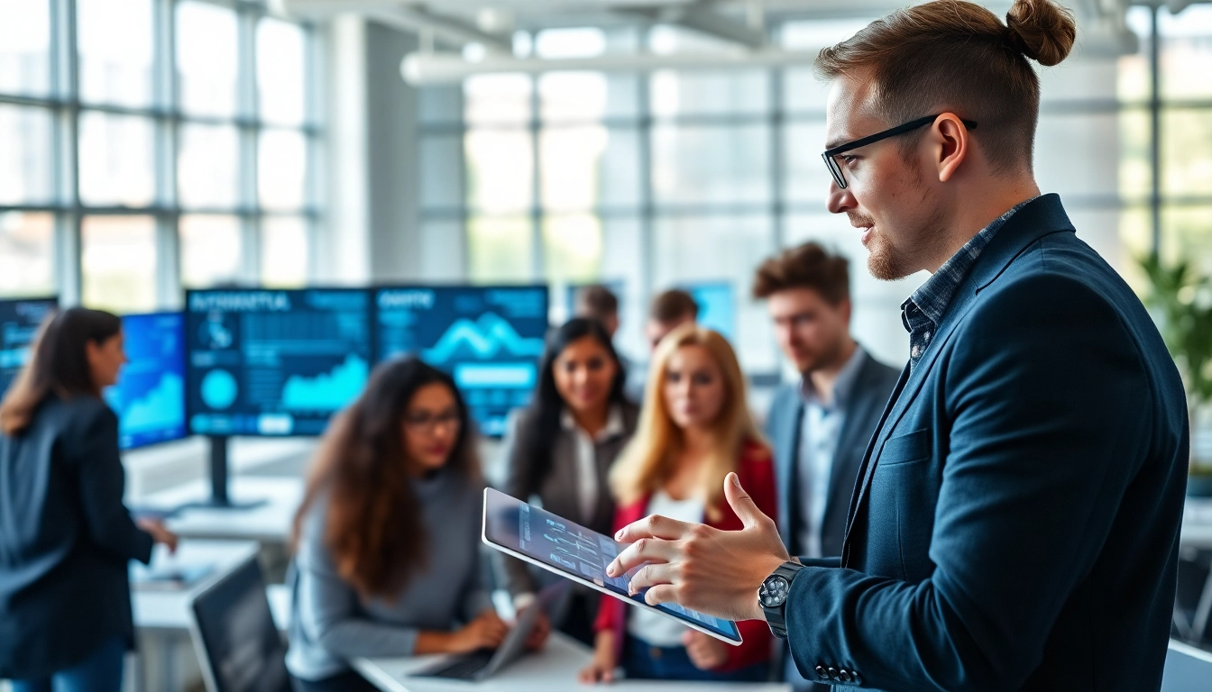 Engaging enterprise assistant guiding a team in a modern office setting with digital interfaces.