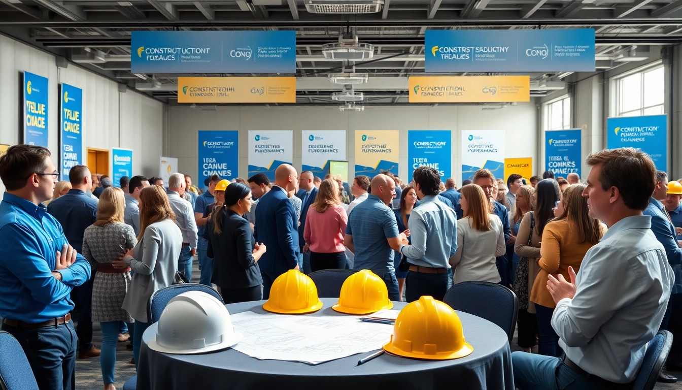Engaging construction networking event with diverse professionals exchanging ideas.