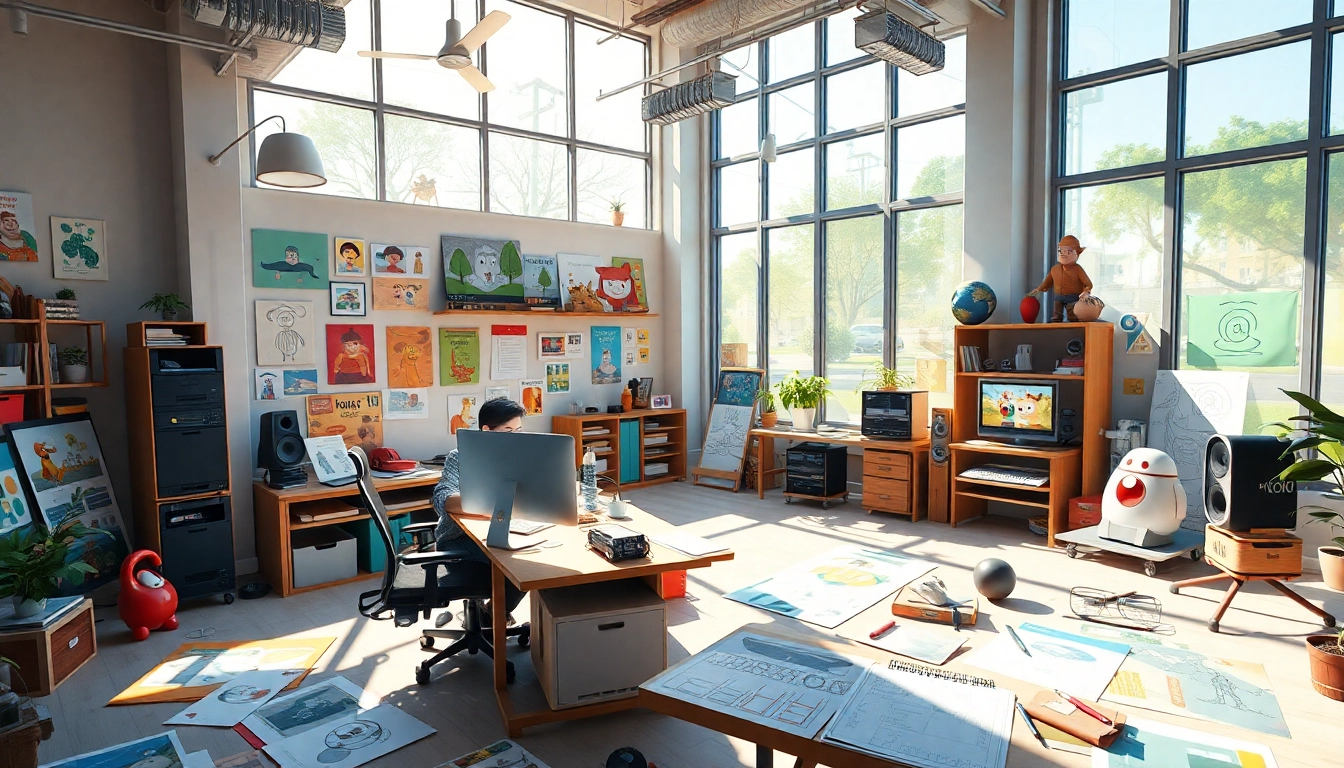 Die kreative Atmosphäre eines Animationsstudio mit lebendigen Designs und einem Designer, der arbeitet.