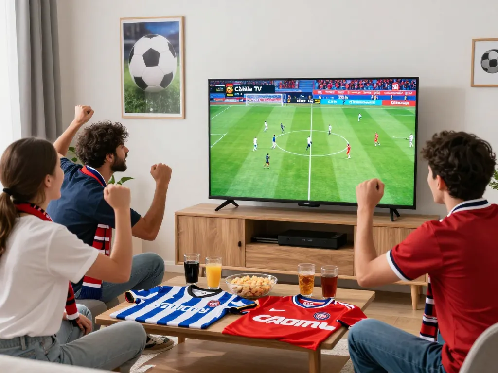 Friends enjoying an exciting football match on Cà khịa TV in a lively home setting.