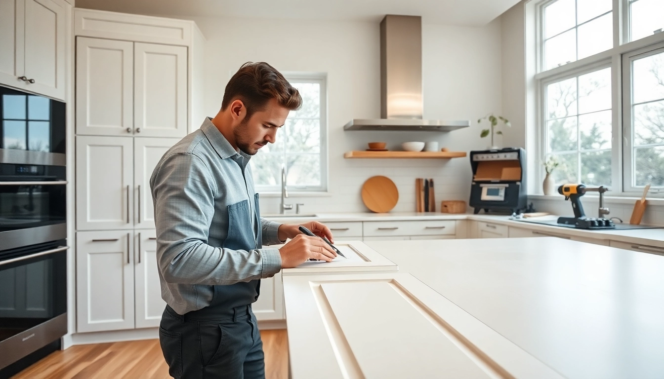 Cabinet Refacing Largo FL showcasing high-quality cabinet doors and craftsmen finishing work.