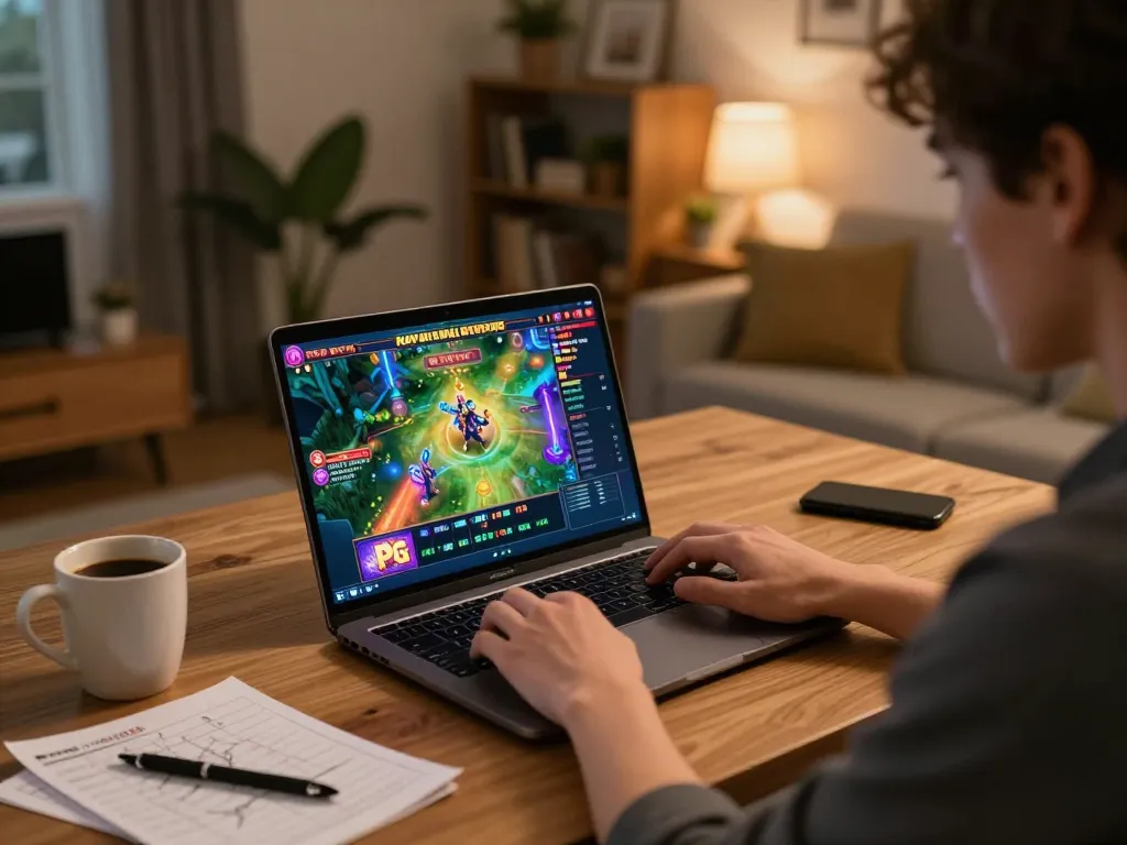 Memainkan demo slot pg di laptop selama sesi permainan online di rumah