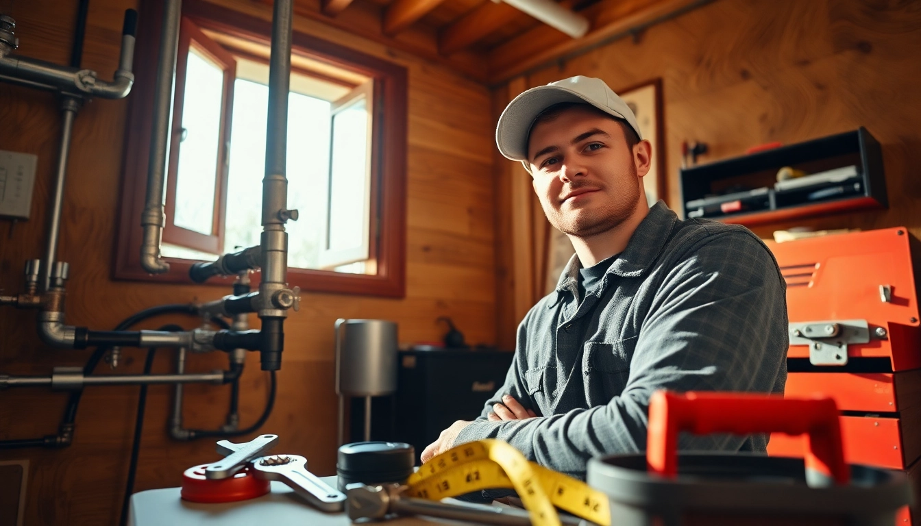 Skilled plumber near me working on plumbing fixtures, showcasing important tools and a bright workspace.