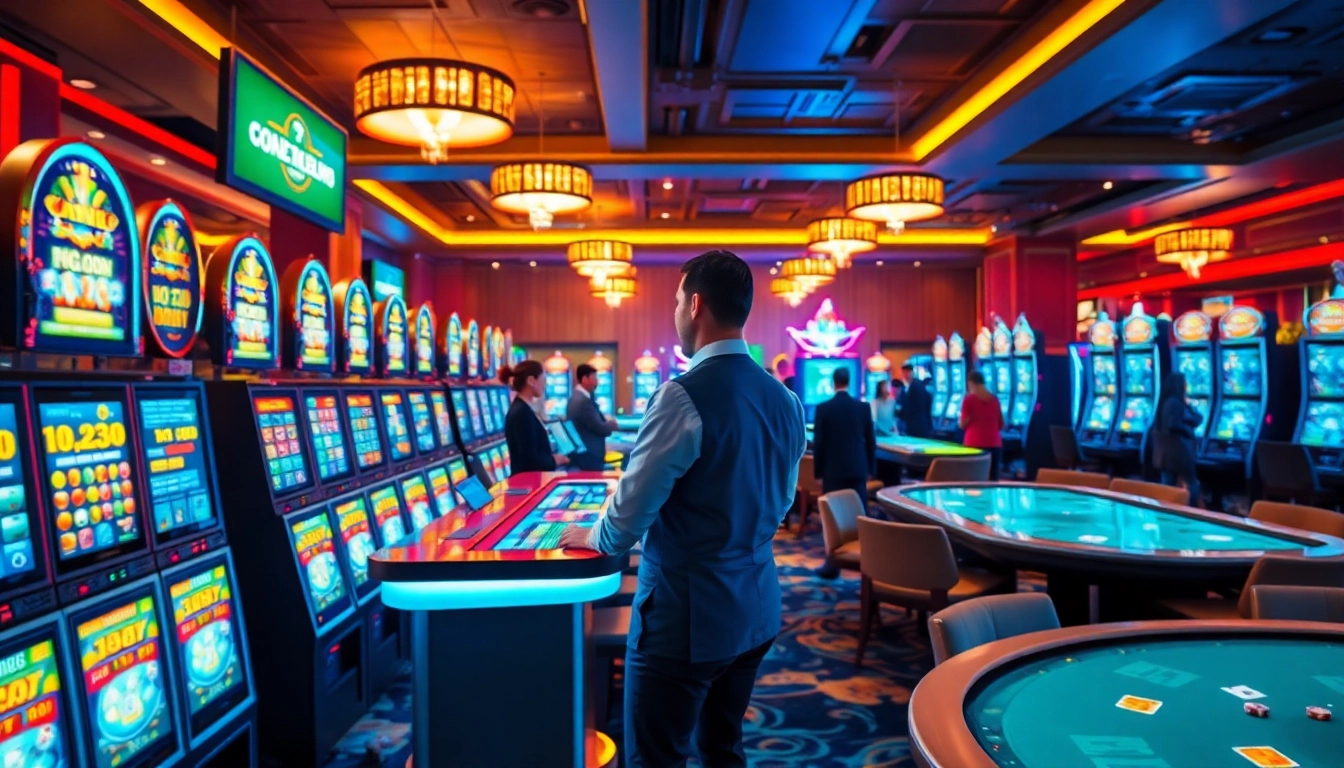 Permainan kasino igamble247 dengan mesin slot berwarna cerah dan meja permainan yang menarik.