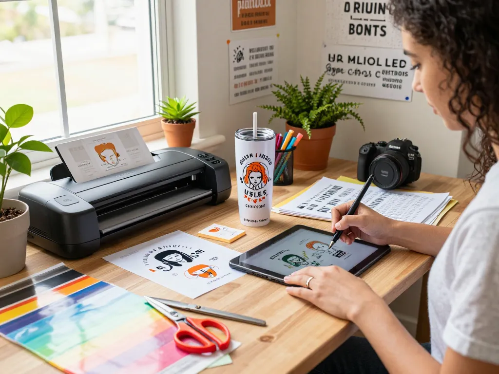 Designer working with an svg bundle for tumbler designs in a bright craft room.