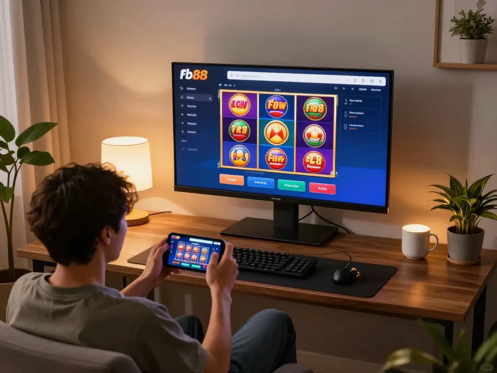 Player engaging with fb88 app on mobile, showcasing vibrant slot machine excitement in cozy living room.