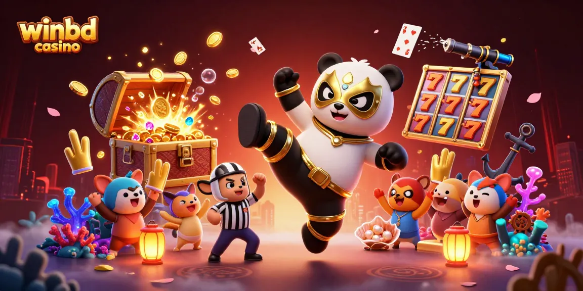 Experience the excitement of winbd casino with a dynamic scene featuring a wrestling panda and casino elements.