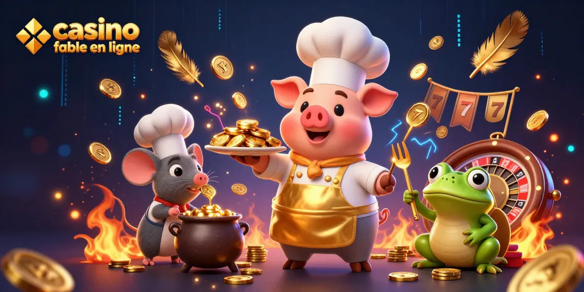Illustration d'un chef en 3D servant des pièces d'or dans un casino fiable en ligne, entouré d'éléments de jeu attrayants.