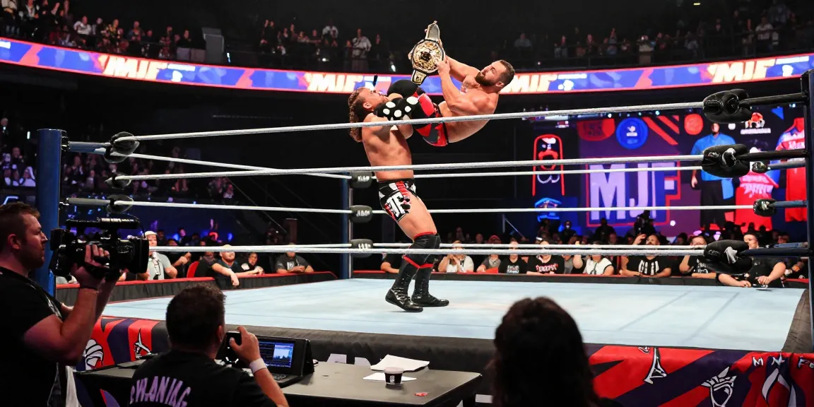Wrestling match capturing MJF’s signature move in the WWE arena, fans cheering excitedly.