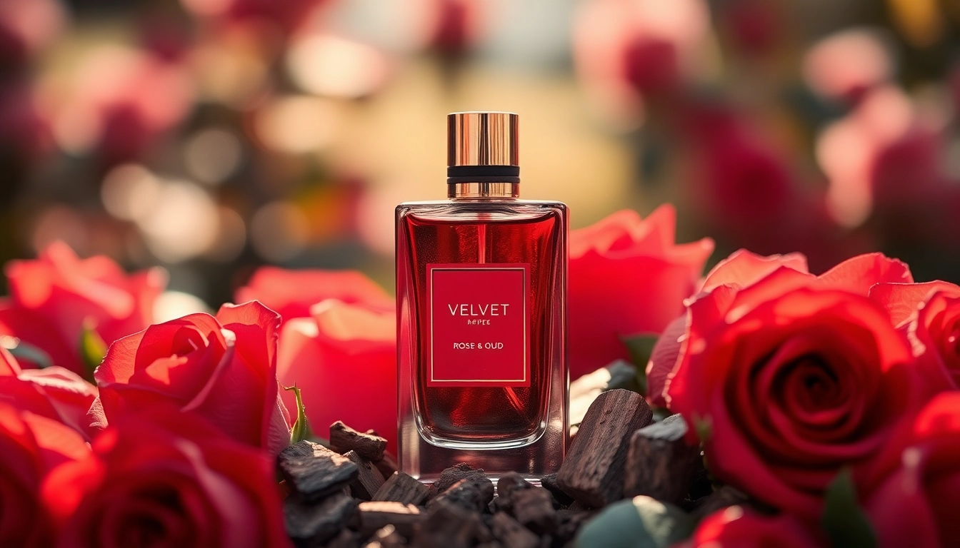 Experience the allure of Velvet rose & oud fragrance with a beautifully crafted perfume bottle amidst rich roses.
