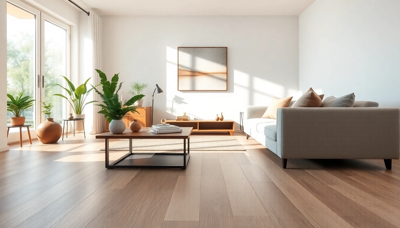 Stylish living room featuring waterproof vinyl flooring with warm neutrals and natural light.