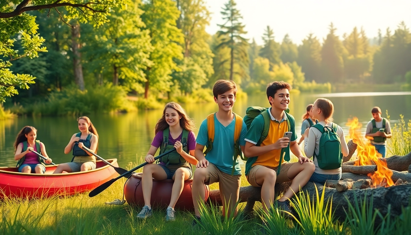 Group of teens enjoying various activities at a teen summer camp, highlighting friendship and adventure.