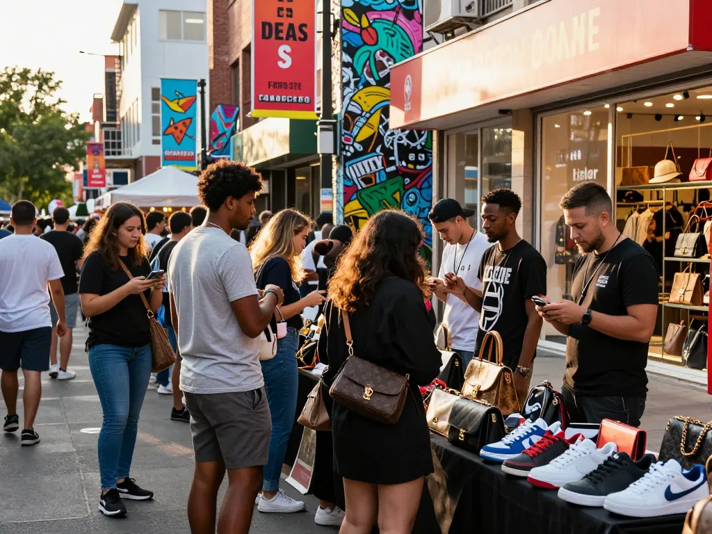 Shopping at a 레플리카 쇼핑몰 featuring stylish designer replicas in a vibrant urban market.