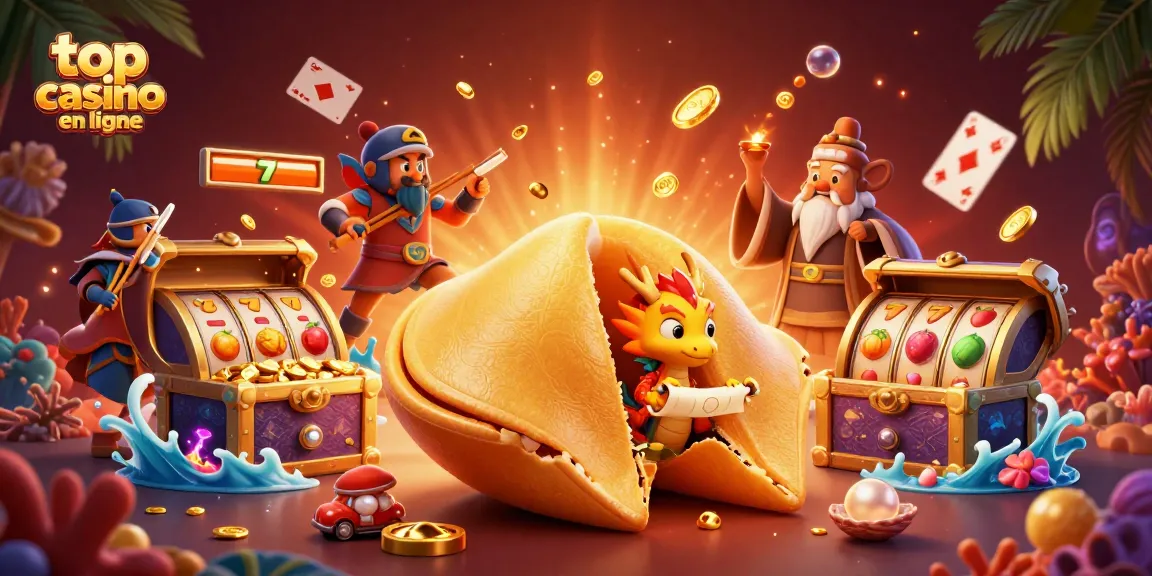 Expérimentez les meilleurs jeux dans un top casino en ligne avec un dragon sage et un cookie d'or.