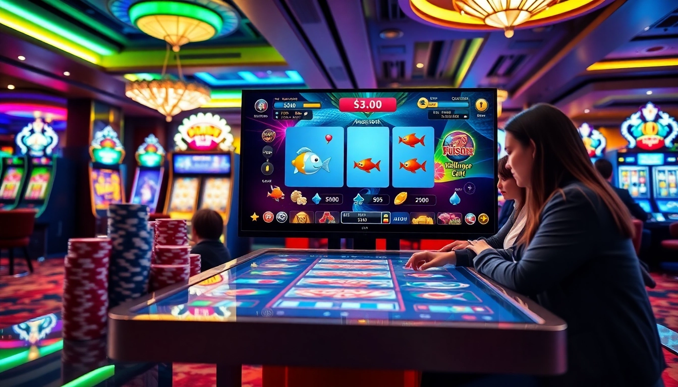 Engaging in bắn cá đổi thưởng with vibrant graphics, poker chips, and electronic gaming interfaces.