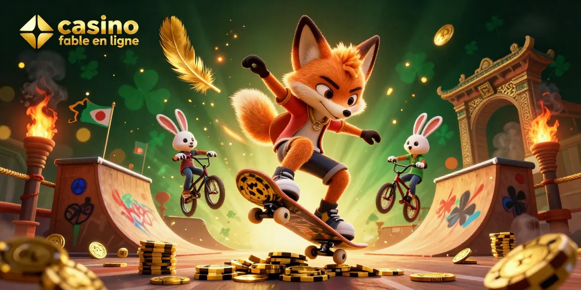 Animation de casino fiable en ligne avec un renard skateboard en plein trick et un lapin BMX.
