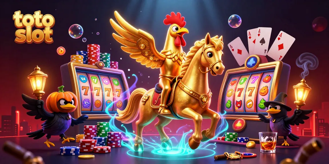 Toto slot spinning action captured with a golden rooster, vibrant casino elements, and glowing details