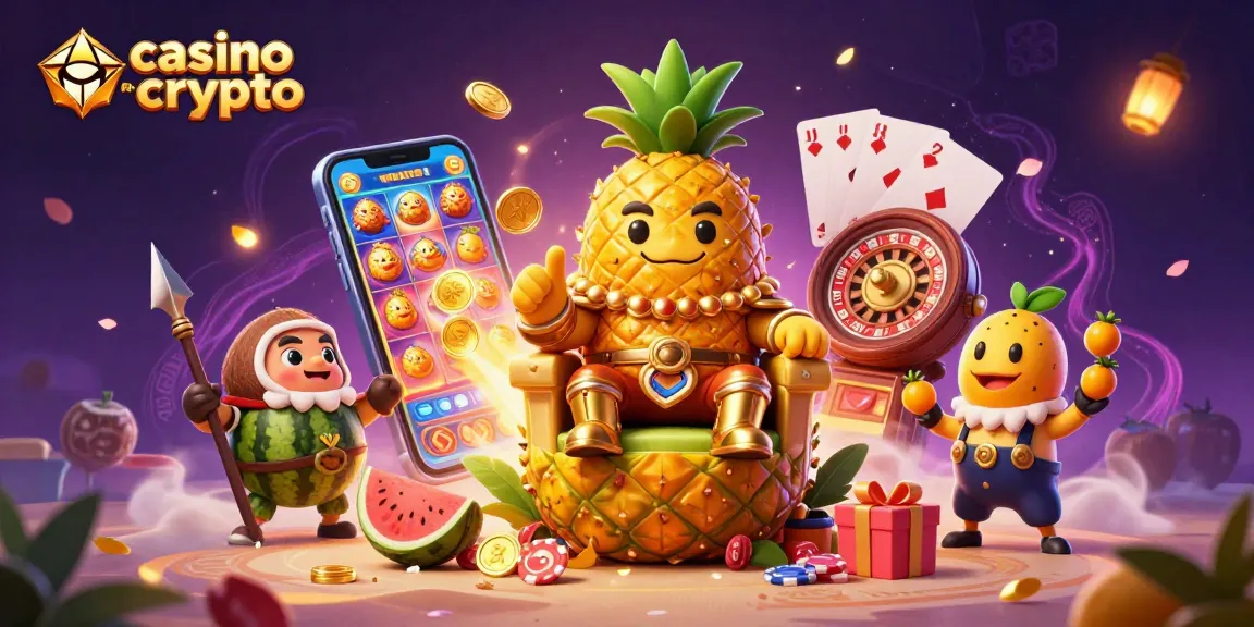 Vibrante illustration en 3D d'un roi ananas et ses gardes dans un casino en crypto.