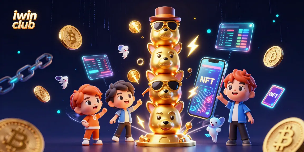 Join the fun at iwin club: 3D totem icon surrounded by blazing crypto casino elements.