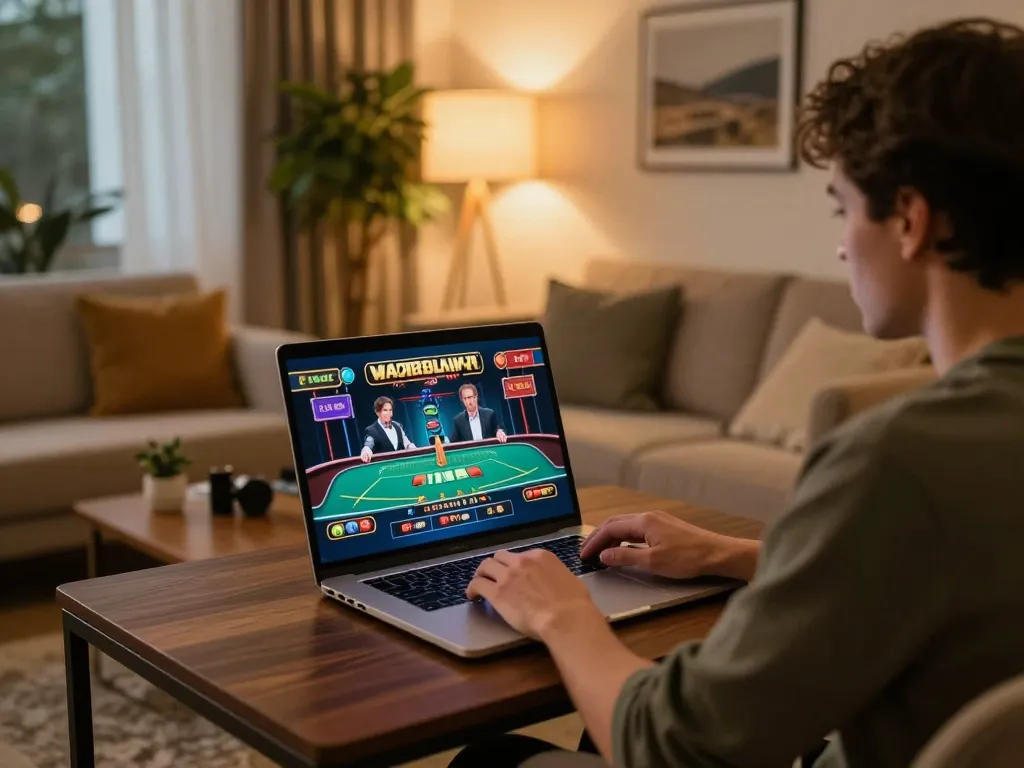 Engaged player at home using okwin for online casino gaming with live dealer interface visible.