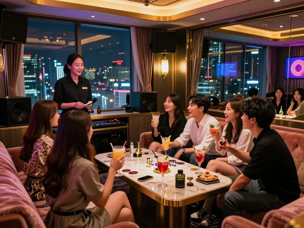 Experience the luxury of gangnamtune.com, featuring vibrant karaoke nightlife with friends in an elegant private room.
