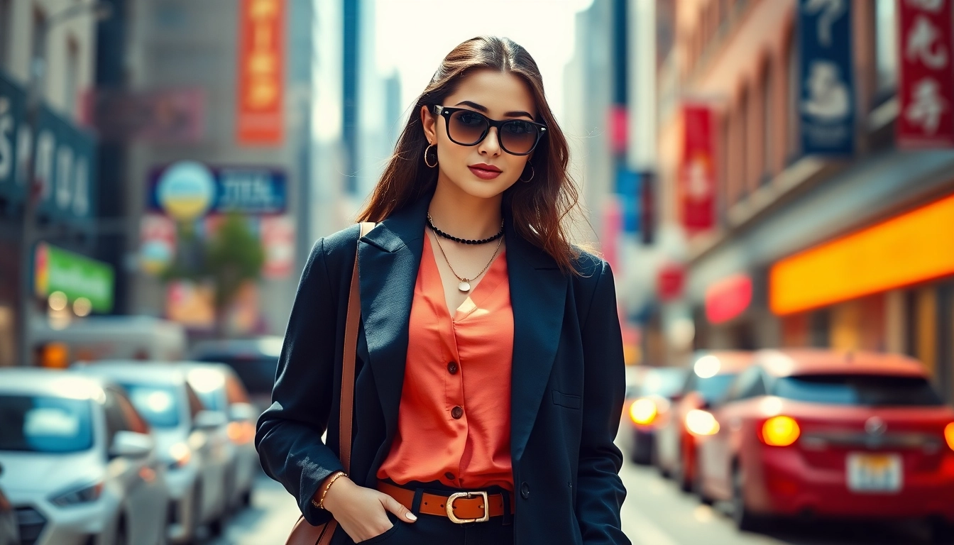 Fashionable woman in chic outfit against vibrant cityscape background.