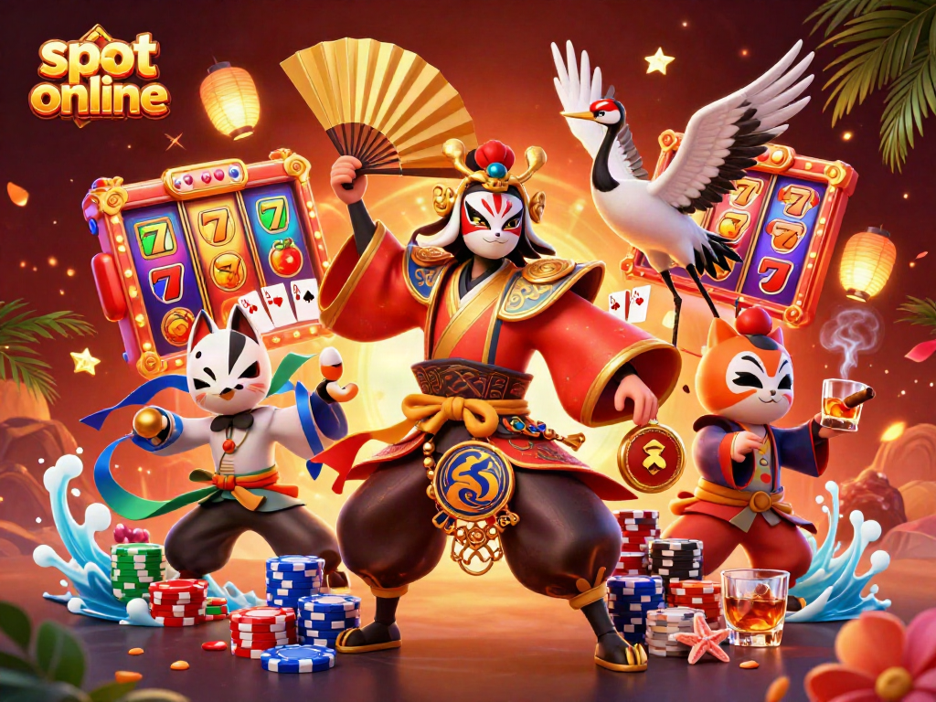 Engage with slot online action featuring a dynamic scene with kabuki warriors and vibrant casino elements.
