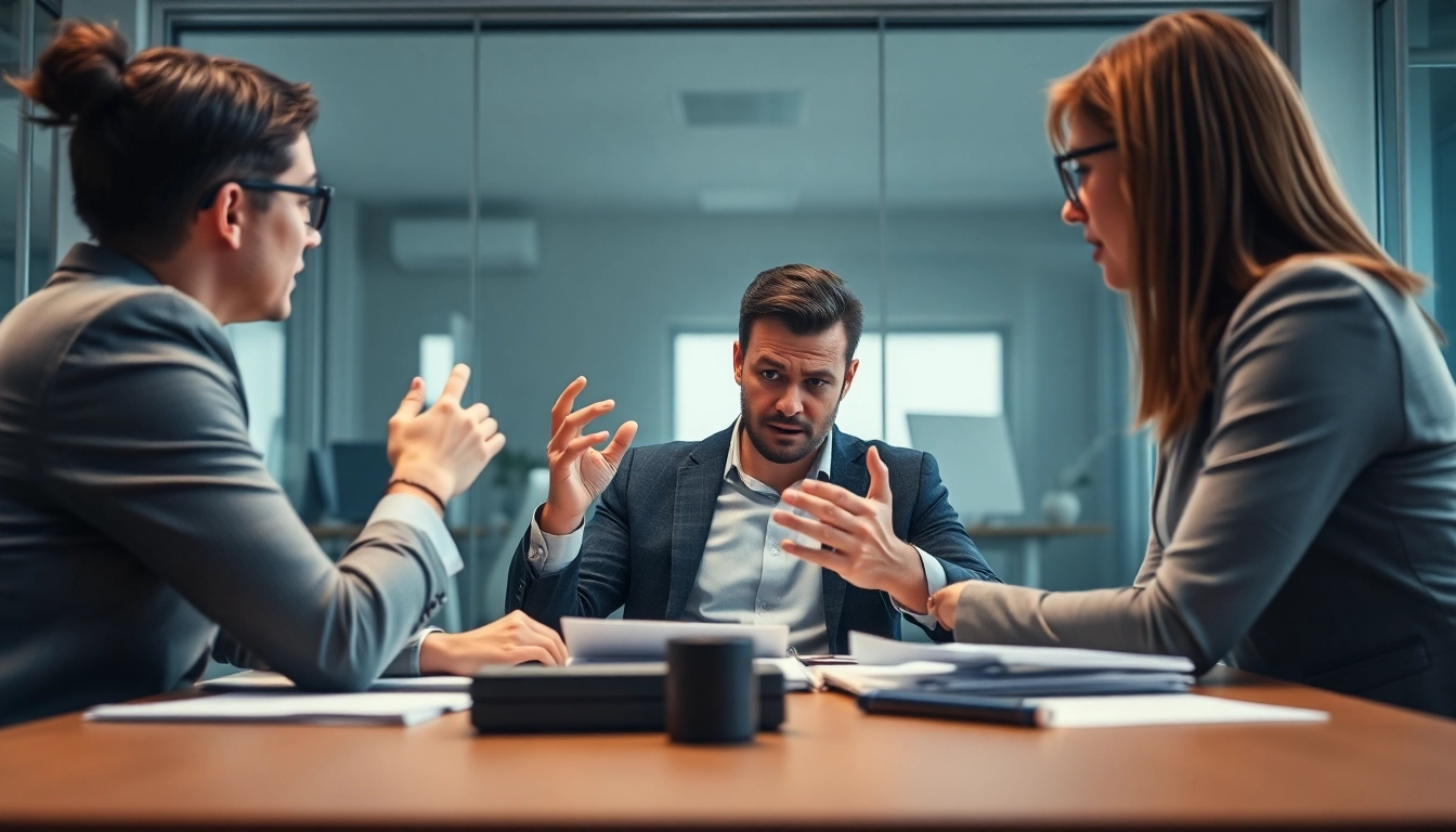 Mobbing am Arbeitsplatz: Tense office discussion depicting workplace bullying and its effects.
