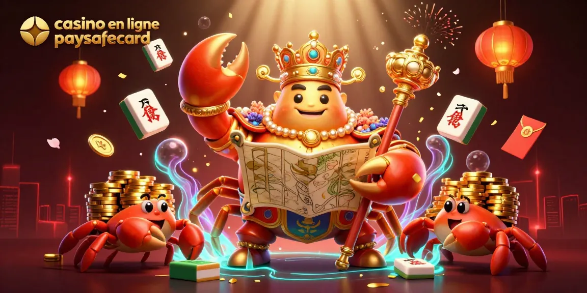 Gagnez avec casino en ligne paysafecard, une illustration 3D d'un roi crabe doré entouré de jetons et de lanternes.