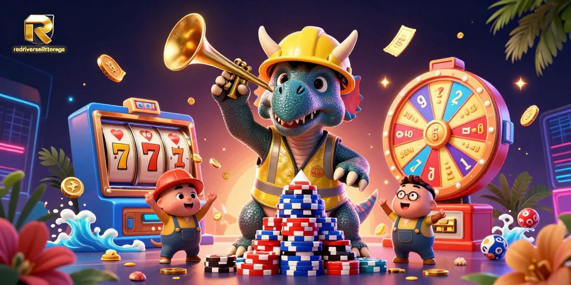Experience the excitement of redriverselfstorage with cartoon dinosaurs celebrating wins in a vibrant casino scene.