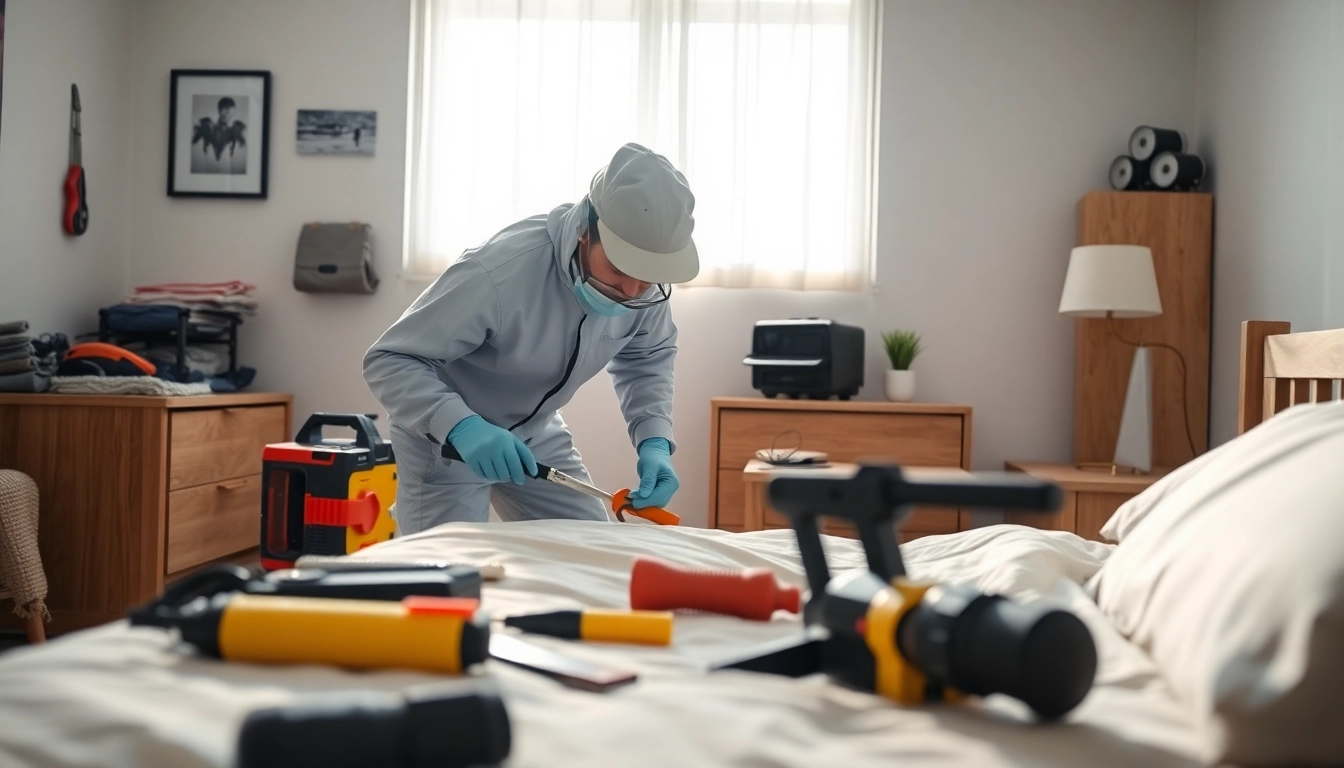 Engaging bed bug pest control technician examining a bedroom for an effective treatment.