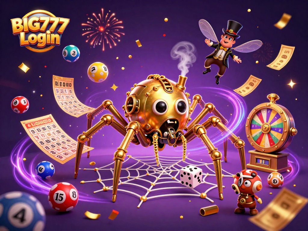 Login BIG777 untuk permainan lotere yang seru, ditampilkan dengan ilustrasi kasino dinamis penuh warna.
