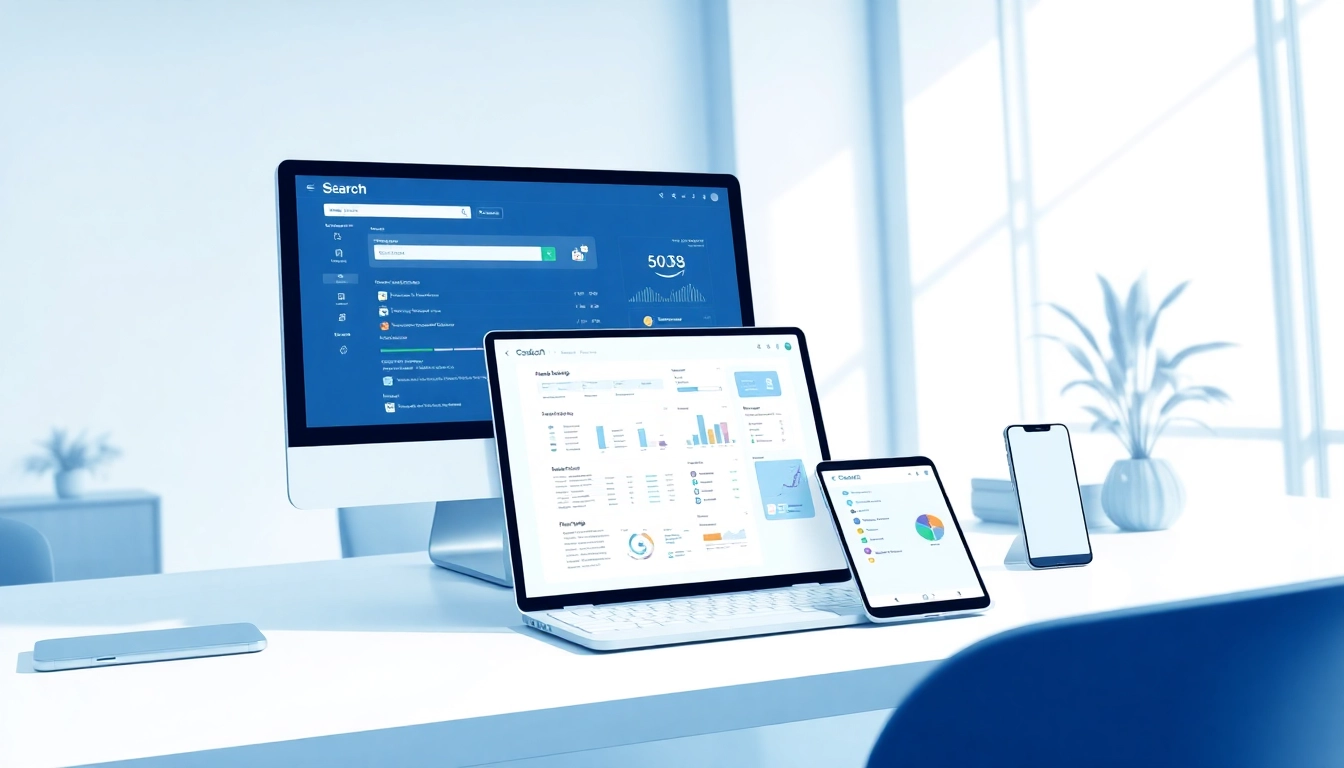 Visualizing enterprise search platforms interface on various devices in a modern workspace.