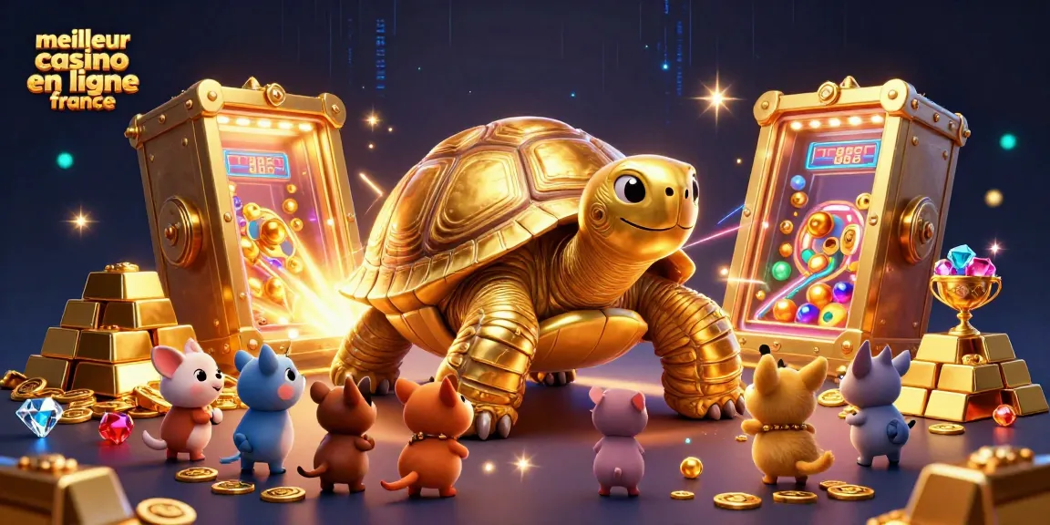 Illustration captivante sur le meilleur casino en ligne France avec une tortue en or et des trésors scintillants.