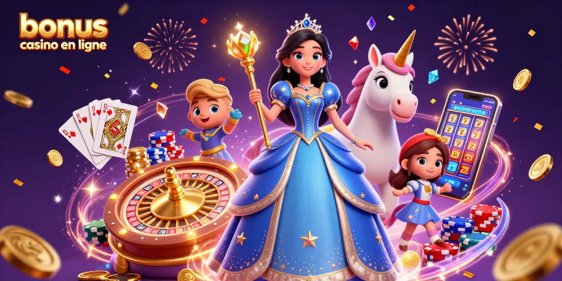 Profitez d'offres passionnantes de bonus casino en ligne tout en vous amusant dans une scène de casino 3D colorée.