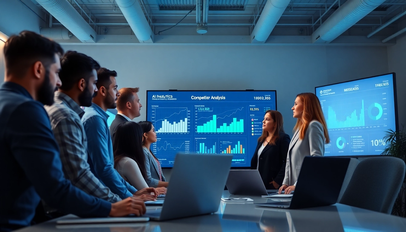 AI for competitor analysis engaging team analyzing data metrics on digital dashboards.