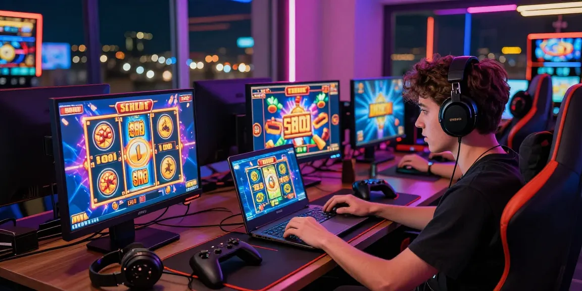 Enthusiast exploring online slot depo 1000 with vibrant gaming setup, neon lights, and dynamic screens.