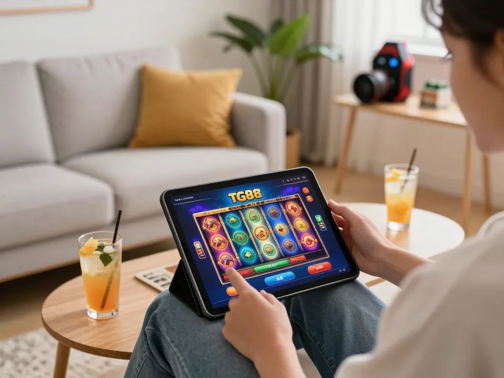 Player enjoying TG88 app on tablet in cozy home setting with vibrant casino interface and personal touches
