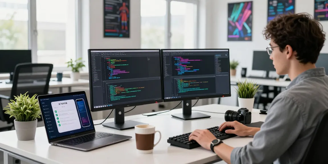 Developer coding in a modern workspace, showcasing the 纸飞机中文版 app interface on dual monitors, capturing a vibrant tech atmosphere.