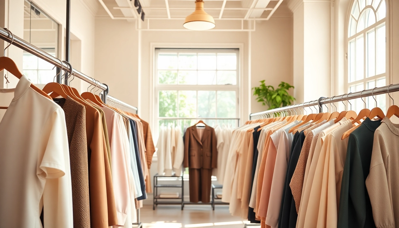 Showcase of premium women’s clothing manufacturer in a stylish boutique setting.