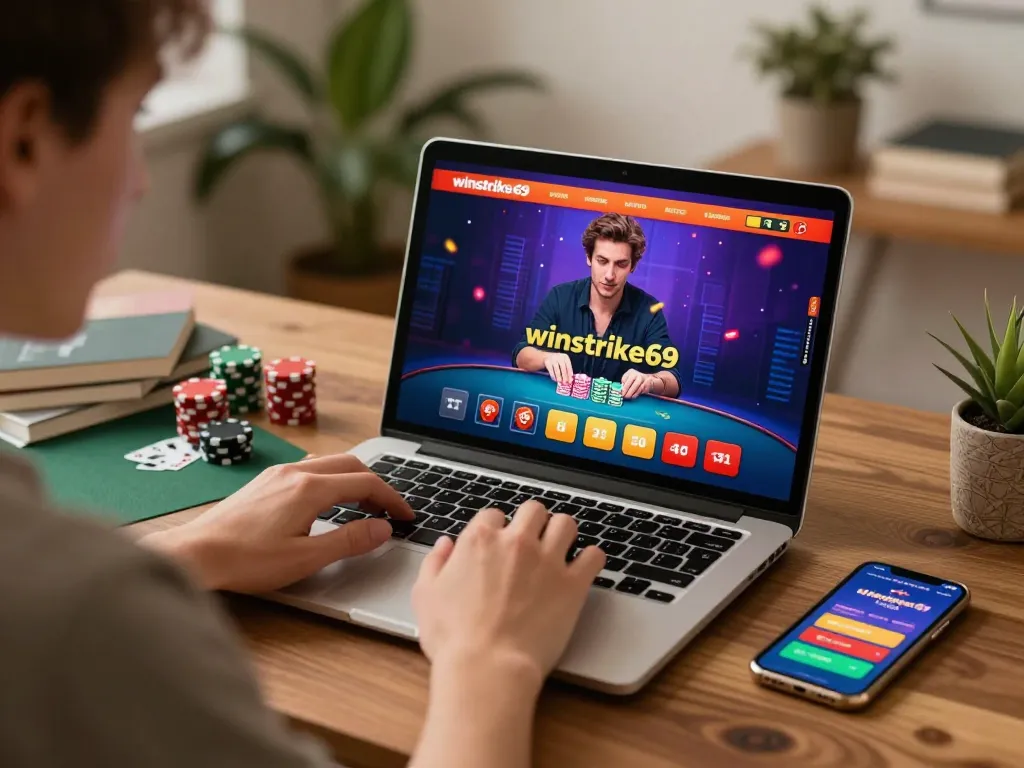 Engaging in a poker game on winstrike69 platform with a laptop in a cozy home office setting
