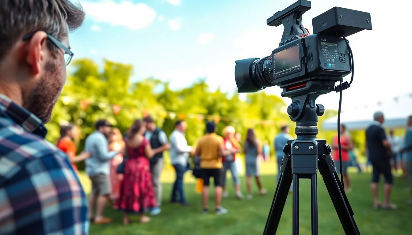 Capture an engaging moment of on-site videography featuring a professional videographer at work.