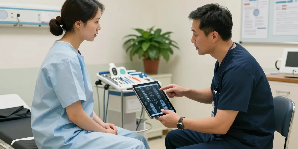 Boyun fıtığı ameliyatı discussion with orthopedic surgeon and patient in a clinical setting.