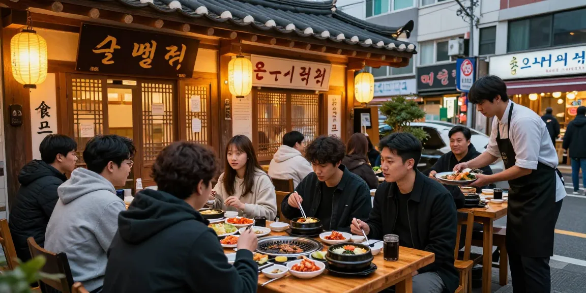 Experience the vibrant atmosphere of 상봉동 한국관, where friends gather around traditional Korean dishes in a lively urban setting.