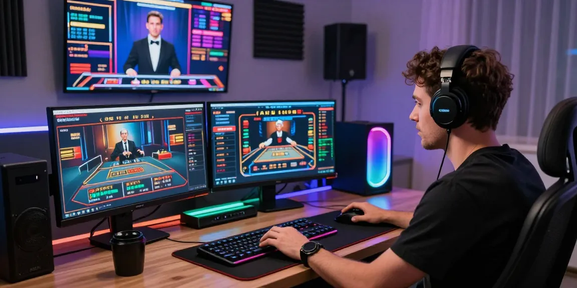 Engaging online gambling scene showcasing an excited player on trang chủ shbet immersed in live casino action with vibrant lighting and gaming accessories.