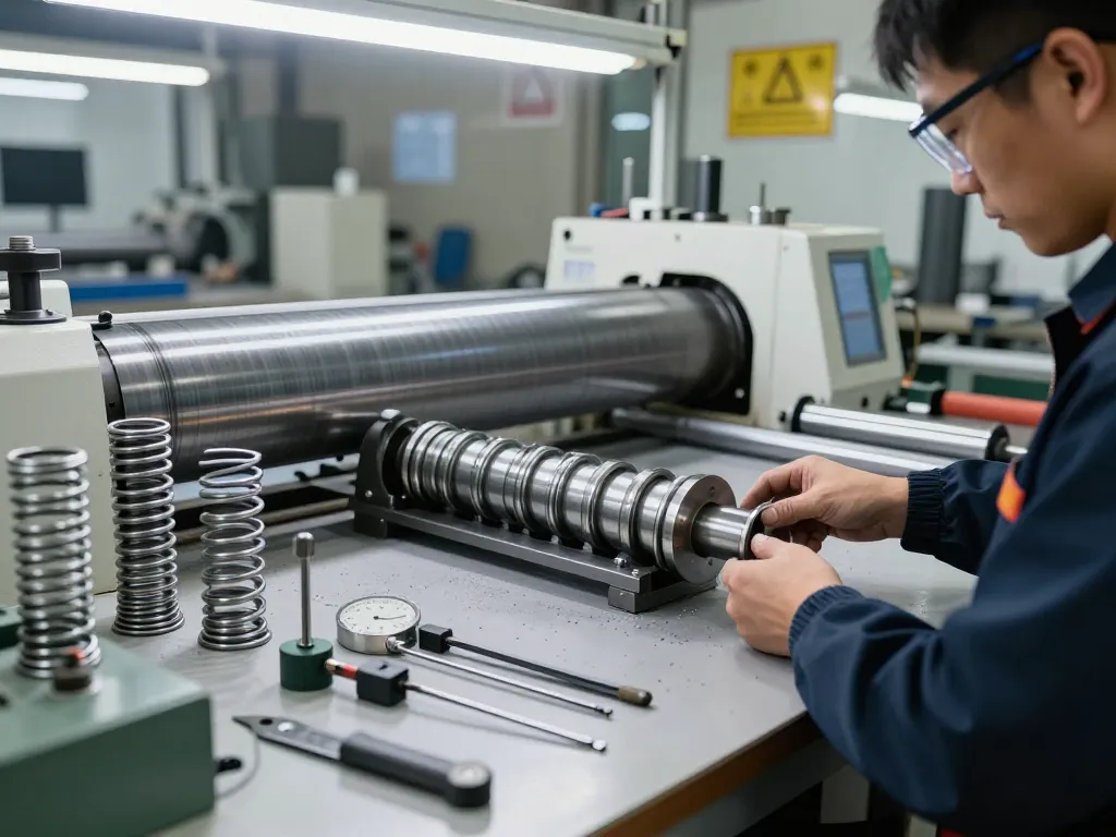 Tehnician creând arcuri din oțel în atelierul industrial, demonstrând precizie și măiestrie.